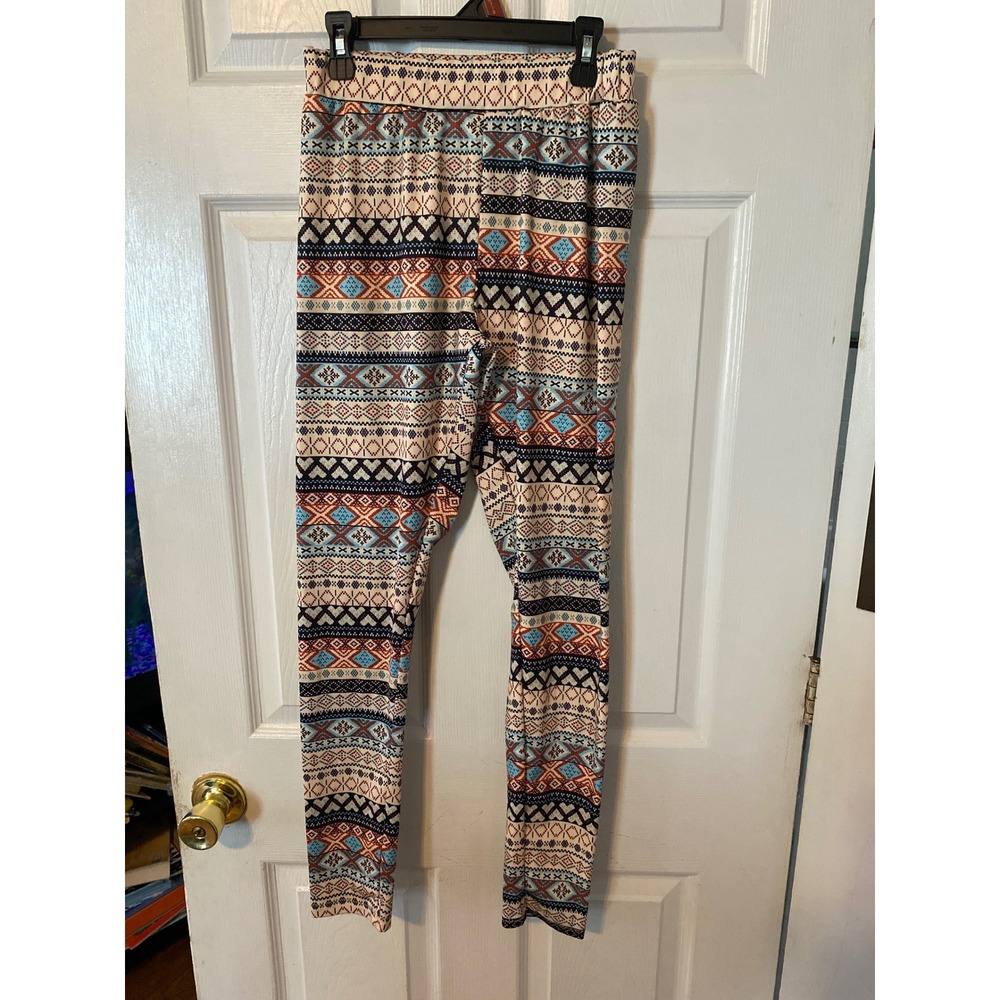 Show Lai Womens Fair Isle Geometric Tribal Print Leggings Size Large Blue Orange
